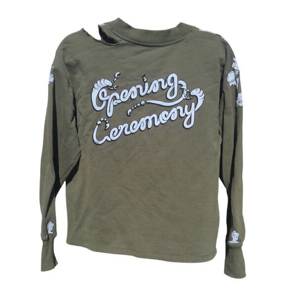 Opening Ceremony sweatshirt womens S olive green beaded Asian thrashed leisure - Picture 5 of 13